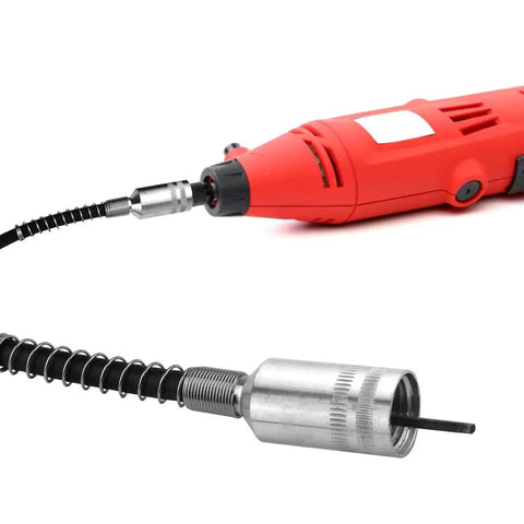 Flexible Drill Shaft Extension Universal Adapter for Dremel Rotary Tools connected to a red power drill for tight spot tasks
