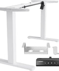Huanuo Electric Standing Desk Frame With Powerful Brushless Motor For Dual Monitor Riser. White base with controller and accessories.