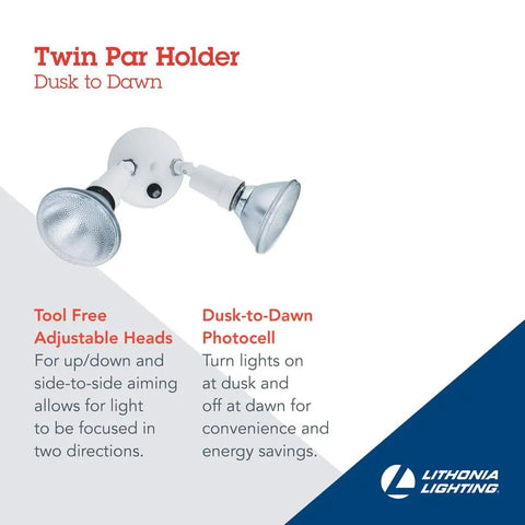 Outdoor Dusk To Dawn Security Flood Light With Twin PAR Holder Photocell Sensor 120 Volt White, adjustable heads
