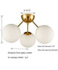 A Retro Chic Mid Century Modern Globe Sputnik Ceiling Light Fixture 3 Light White Opal Glass With Brass Gold Finish shown with dimensions