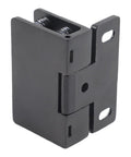 Boss Level Stainless Steel Hydraulic Glass Door Hinge Offering No Hassle U Shape Clip Installation And Smooth Operator Soft Close Action For Frameless Doors In Sleek Black, close-up view.