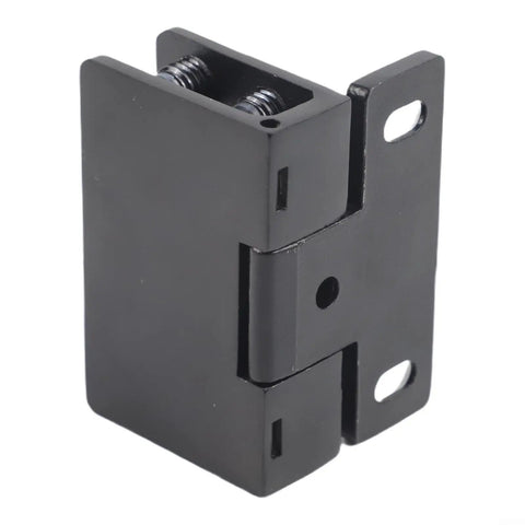 Boss Level Stainless Steel Hydraulic Glass Door Hinge Offering No Hassle U Shape Clip Installation And Smooth Operator Soft Close Action For Frameless Doors In Sleek Black, close-up view.