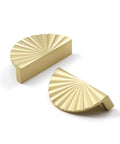 Top Shelf 10 Pack Brushed Gold Cabinet Pulls With A Slick Flat Brass Finish And Hella Sturdy Zinc Alloy Build 3 Inch Center To Center Drawer Handles displayed in a fan shape.