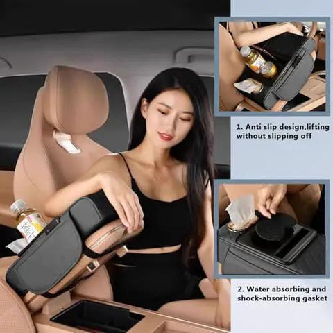 Waterproof Faux Leather Armrest Box Mat With Dual Cup Holders, Phone Slot, Tissues, Side Pockets, Elastic Straps, And Absorbent Cup Coaster, Quilted Elbow Rest For Long Drives, Keeps Your Ride Clean, Organized, And Comfy. Car armrest mat with dual cup holders, phone slot, and tissue pocket