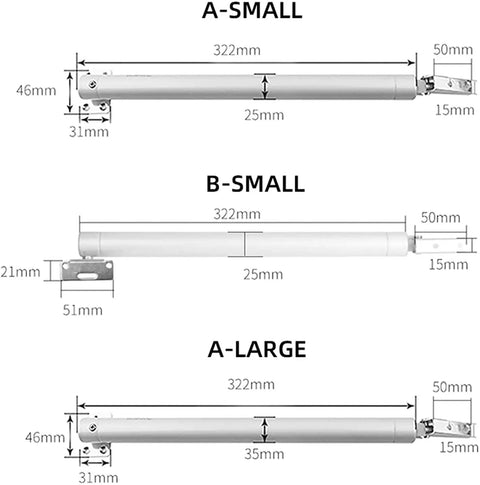 Diagram of heavy duty automatic door closer with aluminum alloy body, showing dimensions for A-Small, B-Small, A-Large models.