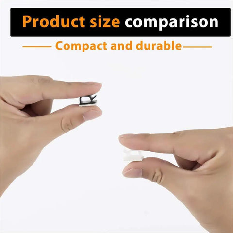 Hands holding a 50 Pack Adhesive Cable Clips For Cord Management In Cars Offices And Homes No Fuss Sticky Wire Holders