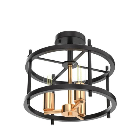 Farmhouse 3 Light Semi Flush Mount Ceiling Light Fixture in Matte Black and Gold Finish with Openwork Circle Frame for Living Room Entryway Kitchen Totally Chic Rustic Modern Style