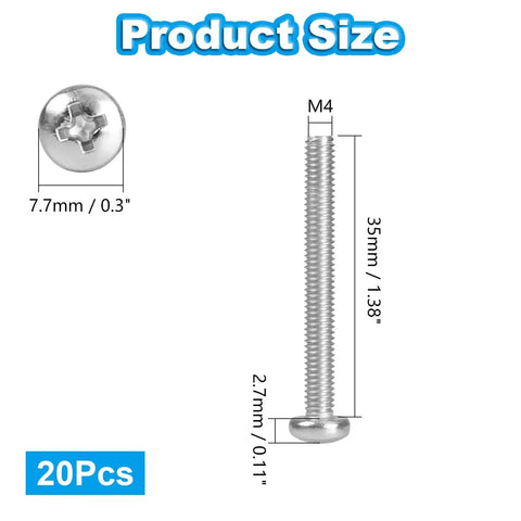 Rock Solid 20 Pack M4 X 35mm Pan Head Machine Screws crafted from top shelf 304 stainless steel measured with dimensions.