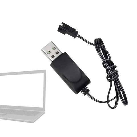 USB Charging Cable 3.7V 500mA Output SM2P for RC Cars and Drones Battery Accessory With LED, coiled and shown with laptop port