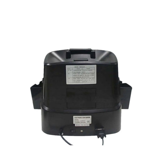 Back view of Smooth Operator Money Counter Machine And Automatic Coin Sorter with power cord and error message label.
