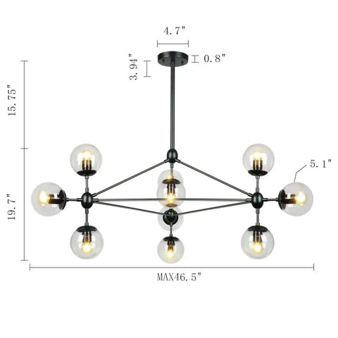 10 Light Modern Black Sputnik Chandelier With Clear Globe Shades Dope Kitchen Island Dining Room Lighting, adjustable rods