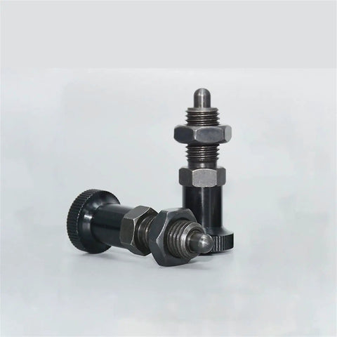 Dead Center Indexing Plunger With Spring Lock Pin And Aluminum Knob Screw Offering Knockout Fine Thread Grip for alignment in machinery, showing lock pin and fine thread design.