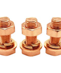 Top Shelf T2 Pure Copper Hex Bolt Kit With Nuts And Washers Heavy Duty Conductive Fastener showing three copper bolts with washers.