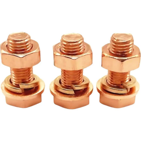Top Shelf T2 Pure Copper Hex Bolt Kit With Nuts And Washers Heavy Duty Conductive Fastener showing three copper bolts with washers.