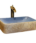 USZWBY Vessel Sinks Vessel Sink Lotus Pattern Art Countertop Basin Rectangular Ceramic Washbasin in blue and beige design.