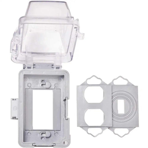 Extra Duty Weatherproof In-Use 1-Gang Outlet Cover For Outdoor Electrical Boxes Horizontal Or Vertical 16-In-1 Standard Nonmetallic Clear Cover 2.75-Inch Easy Install shown with open lid and inserts