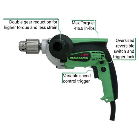 Image of a One-Half Inch Corded Drill With Nine Amp Motor Built To Last Variable Speed Trigger 0 To 850 RPM Form-Fit Palm Grip