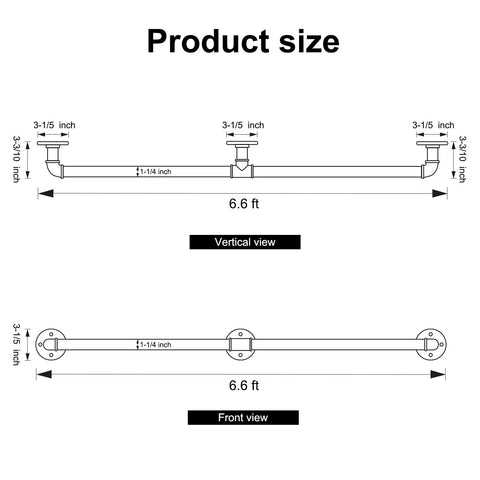 Dimensions of Legit Heavy Duty Galvanized Steel Pipe Stair Handrail, Wall Mounted Farmhouse Railing in vertical and front view
