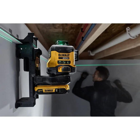 20V Max Laser Level Kit with Cross Line and 3x360 Green Beams mounted for indoor use, self leveling lines visible on wall