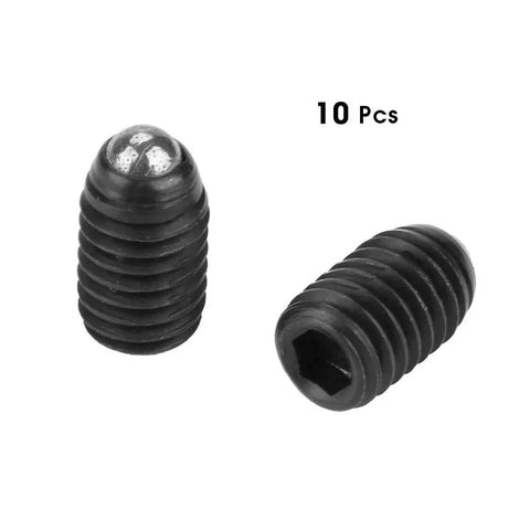 10 Piece M5 Ball Plunger Set with hex socket, carbon steel, heavy duty build, for machinery and fixtures, two M5x8 threaded plungers