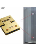 Heavy Duty 135 Degree Glass Door Hinge With Dope Brushed Gold Finish And Rust Resistant 304 Stainless Steel showcased at 180 degrees, showing dimensions.