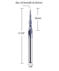 SpeTool tapered ball-nose end mill (front view), 1/8 in shank, 0.5 mm diameter ball tip, 0.25 mm radius, 15 mm length