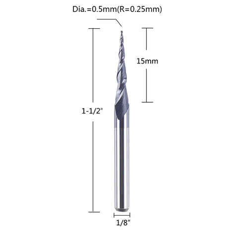 SpeTool tapered ball-nose end mill (front view), 1/8 in shank, 0.5 mm diameter ball tip, 0.25 mm radius, 15 mm length