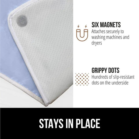 Close-up of Magnetic Ironing Blanket Travel Size 28x24 with silicone coating showing six magnets and grippy dots for stability.