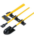 RC tools featuring yellow-handled shovel and axe, part of Six Piece RC Plastic Decoration Tool Set For One To Ten Scale Crawlers 4WD D90 D110 SCX10 Wraith Includes Gas Can Winch Jack Shovel Axe Pry Bar Red Built To Look Dope.
