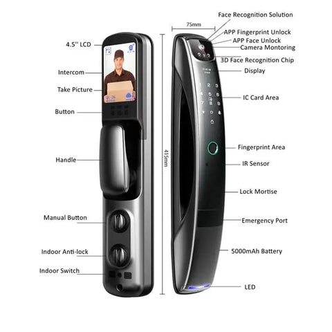 Slick Video Intercom Smart Door Lock With Auto Monitoring Camera Fingerprint Password features LCD display and biometric access options.