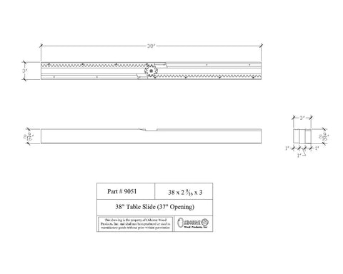 Slick 38 Inch Equalizer Wooden Table Extension Slides For Pedestal Tables, showing detailed dimensions and a smooth glide mechanism.