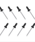 100 Pack Aluminum Blind Rivets 1/8 Inch by 5/16 Inch Pop Rivets Black Finish, showing eight individual rivets in a row.