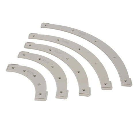 Dead Nuts Precision Slick Curve Router Jig Template Kit featuring five radius guides R100 to R300 for woodworking.