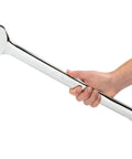 Forty Millimeter Combination Wrench With Angled Open End at 15 Degrees and 12-Point Box End held in hand for scale