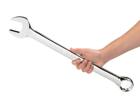 Forty Millimeter Combination Wrench With Angled Open End at 15 Degrees and 12-Point Box End held in hand for scale