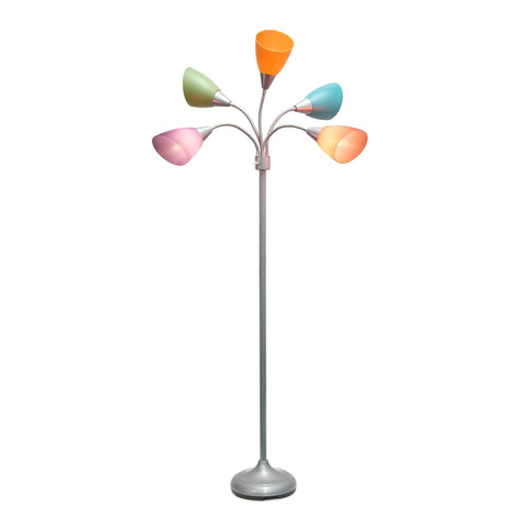 67 Inch Contemporary Medusa Five Light Adjustable Gooseneck Floor Lamp With Silver Finish And Colorful Shades In Green Lilac Coral Teal Pink