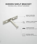 2.8 Inch Nickel Plated Steel Hidden Shelf Bracket For Invisible Floating Wall Mounts shown with features and measurements