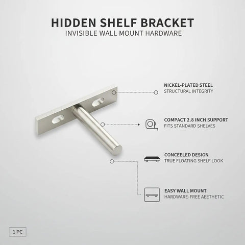 2.8 Inch Nickel Plated Steel Hidden Shelf Bracket For Invisible Floating Wall Mounts shown with features and measurements