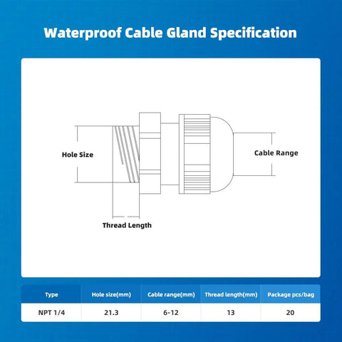 Technical diagram of Waterproof NPT Quarter Inch Cable Gland Kit Twenty Pack With Adjustable Fittings Nylon PA66 With Gaskets