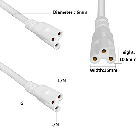 10ft Female to Female Extension Cords for LED Tubes T5 T8, 3-Prong Power Cables with measurements, white connectors