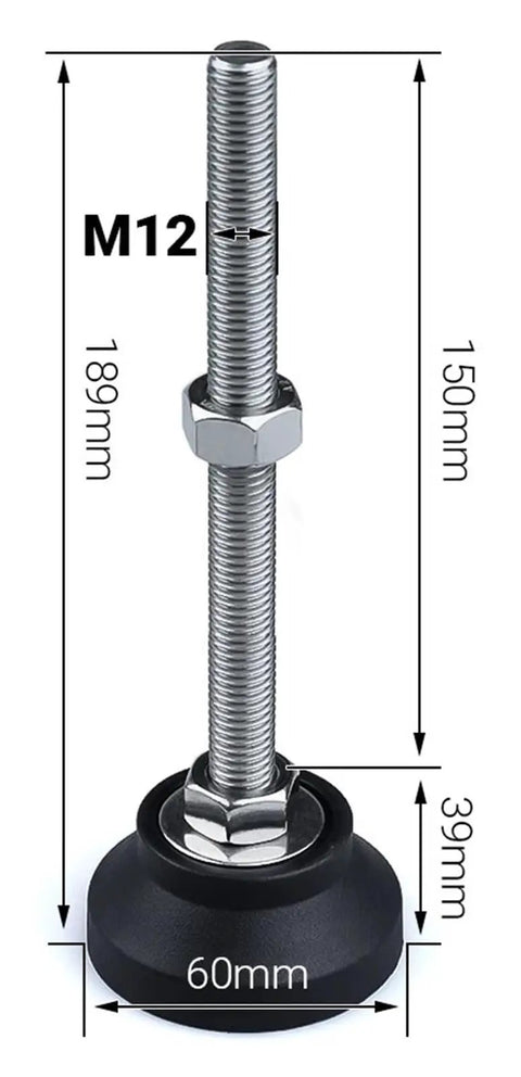 Adjustable Leveling Feet Heavy Duty Swivel Glide Pads with cushioned rubber bottoms, M12 nylon base, 60mm contact patch.