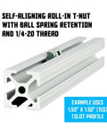 Stainless Steel Self Aligning Roll In T Nuts Ball Spring 25 Pack 15 Series Aluminum Extrusion T Slot Hardware 1 4 20 Thread close-up of T-nut with ball spring retention.