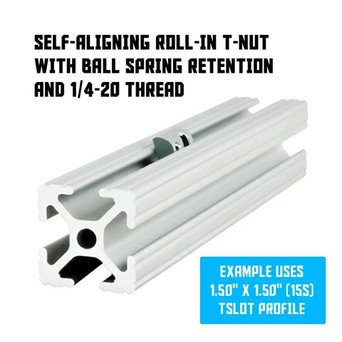 Stainless Steel Self Aligning Roll In T Nuts Ball Spring 25 Pack 15 Series Aluminum Extrusion T Slot Hardware 1 4 20 Thread close-up of T-nut with ball spring retention.