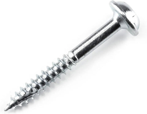 Close-up of a zinc pocket hole screw, 1-1/4 inch with fine thread and Maxi Loc head, ideal for hardwood and dense materials indoor use.