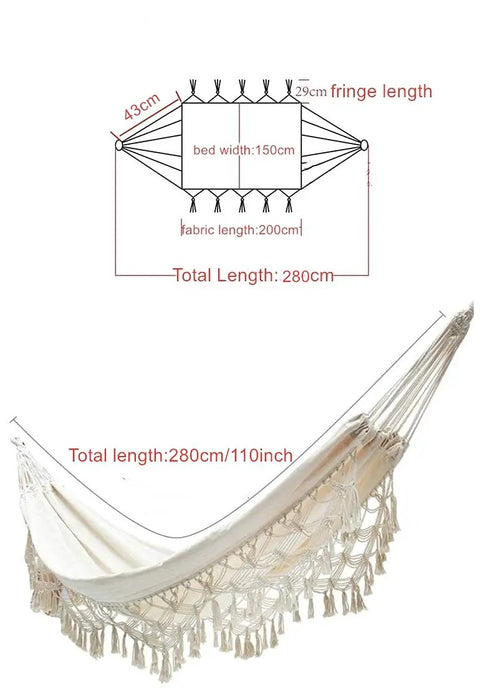 Double Outdoor Cotton Hammock With Fringes For Two Adults Perfect For Beach Or Patio Chill Sessions Camping Or Travel 58 Inch Wide Supports Up To 400 Lbs Brazilian Style Portable Canvas Bed For Relaxing showing dimensions