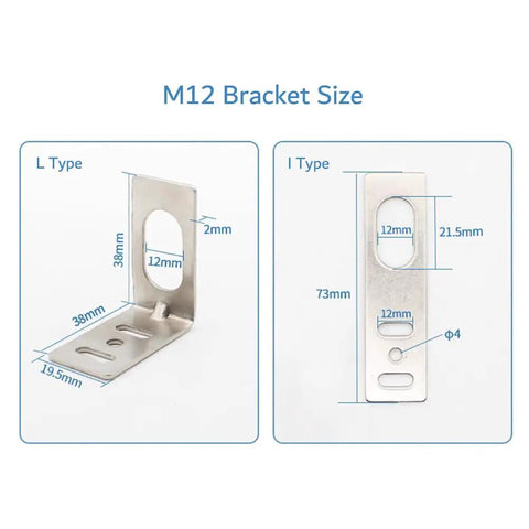 Diagram showing M12 bracket dimensions for Inductive Proximity Sensor 12mm 4mm Sensing Range 6 To 36V DC 3 Wire NPN NC Normally Closed Switch LJ12A3 4 Z AX With L Type Bracket 2 Pack Pro Grade Metal Sensing For DIY Makers Projects.