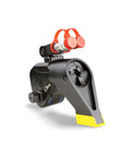 Heavy Duty Hydraulic Torque Wrench With One Way Ratchet And Quick Swap Square Hex Drives Rust Resistant Alloy Steel Frame 360 Swivel Reaction Arm Built Tough For Rough Job Site Grinds side view showing the robust design and red safety grips.