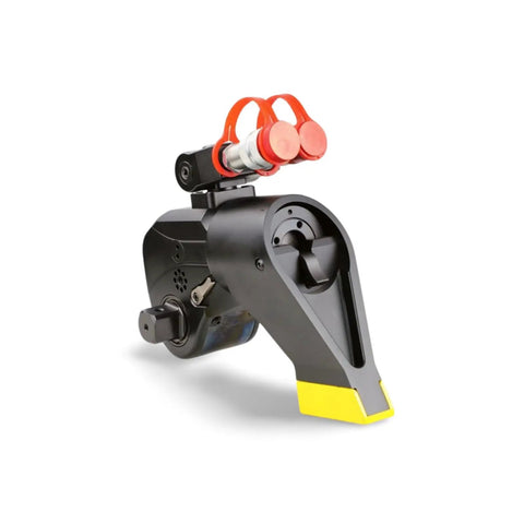 Heavy Duty Hydraulic Torque Wrench With One Way Ratchet And Quick Swap Square Hex Drives Rust Resistant Alloy Steel Frame 360 Swivel Reaction Arm Built Tough For Rough Job Site Grinds side view showing the robust design and red safety grips.