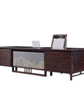Legit Boss Solid Wood Executive Desk Featuring Heavy Duty Thickened Desktop And Clever Hidden Storage Cubbies Sturdy Ebony Grain Build For Real Home Office Vibes, showing sleek design with chair and laptop.