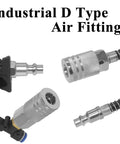 Kick The Dust And Blast Off Garage Grit With This Ultra Durable Air Blower Gun Kit Featuring A 16 Foot Pneumatic Hose And Secure Quarter Inch Fittings, showing industrial D type air fittings.